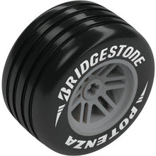Part 114948pb01 - Wheel 48 x 26 with Axle Hole with Molded Black Hard Rubber Grooved Tire and Printed White 'BRIDGESTONE POTENZA', Stripes and Triangles Pattern