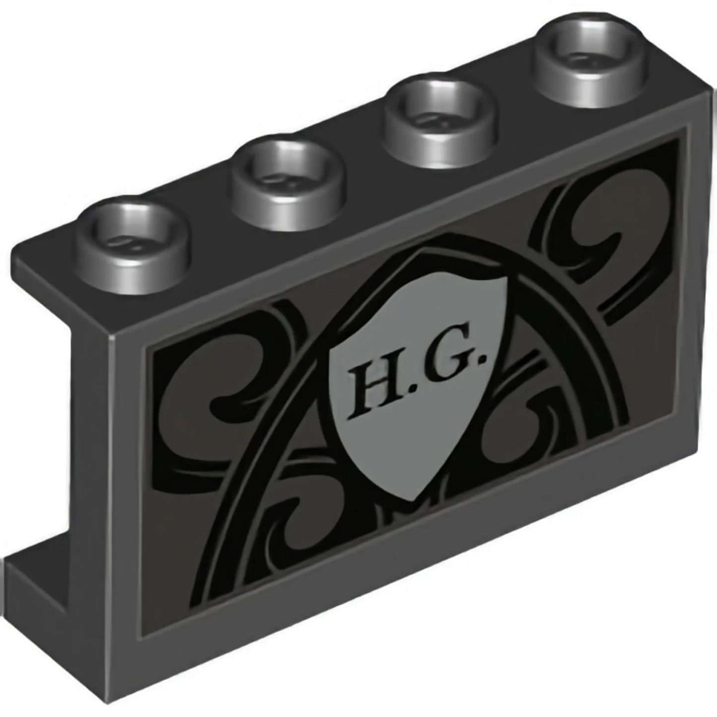 Part 14718pb047 - Panel 1 x 4 x 2 with Side Supports - Hollow Studs with 'H.G.' on Silver Shield and Ornate Pearl Dark Gray Background Pattern