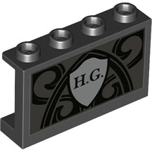 Part 14718pb047 - Panel 1 x 4 x 2 with Side Supports - Hollow Studs with 'H.G.' on Silver Shield and Ornate Pearl Dark Gray Background Pattern