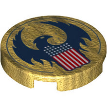 Part 14769pb158 - Tile, Round 2 x 2 with Bottom Stud Holder with Blue Bird with Raised Wings and Flag with Red, White and Blue Stars and Stripes Pattern