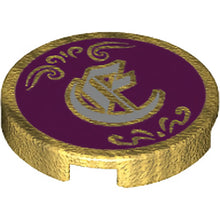 Part 14769pb204 - Tile, Round 2 x 2 with Bottom Stud Holder with Filigree and White Character on Magenta Background Pattern