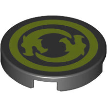 Part 14769pb245 - Tile, Round 2 x 2 with Bottom Stud Holder with Solid Lime Circle Border with Circling Dragons Pattern