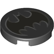 Part 14769pb294 - Tile, Round 2 x 2 with Bottom Stud Holder with Batman Logo, Dark Silver Bat with Silver Edges Pattern