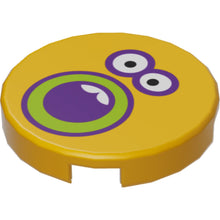 Part 14769pb314 - Tile, Round 2 x 2 with Bottom Stud Holder with Sunflower Face, Dark Purple and Lime Outlined Open Mouth and Eyes Pattern