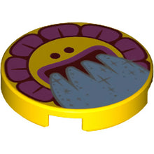 Part 14769pb315 - Tile, Round 2 x 2 with Bottom Stud Holder with Sunflower Face, Dark Pink Flakes and Water Pouring from Mouth Pattern