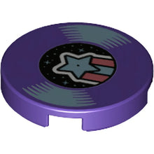 Part 14769pb387 - Tile, Round 2 x 2 with Bottom Stud Holder with LP Record, Metallic Light Blue Shooting Star on Label Pattern