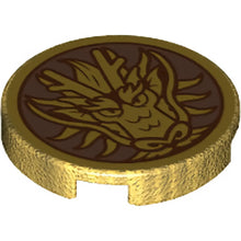 Part 14769pb405 - Tile, Round 2 x 2 with Bottom Stud Holder with Gold Dragon Head on Copper Background Pattern