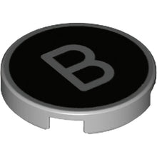 Part 14769pb423 - Tile, Round 2 x 2 with Bottom Stud Holder with Silver Capital Letter B on Black Background Pattern