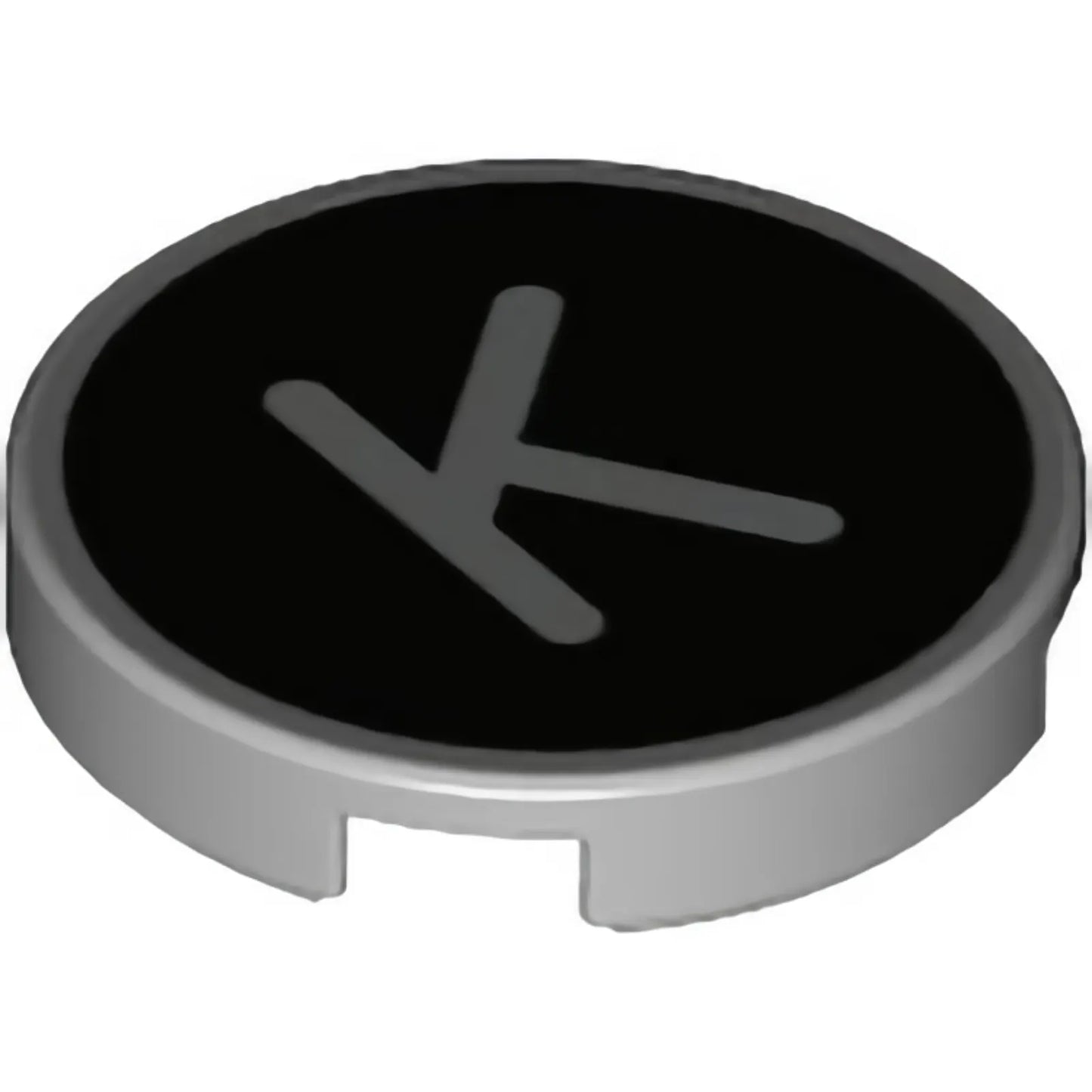 Part 14769pb432 - Tile, Round 2 x 2 with Bottom Stud Holder with Silver Capital Letter K on Black Background Pattern