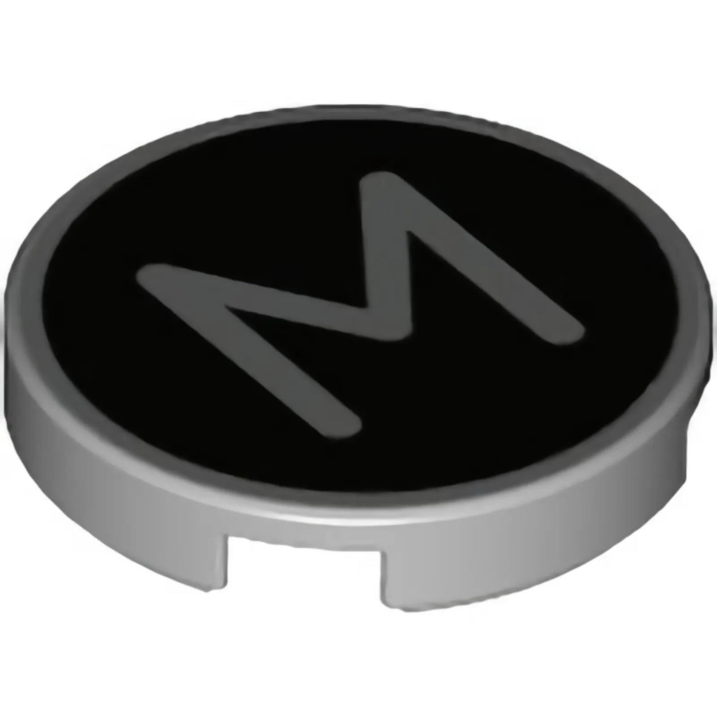 Part 14769pb434 - Tile, Round 2 x 2 with Bottom Stud Holder with Silver Capital Letter M on Black Background Pattern