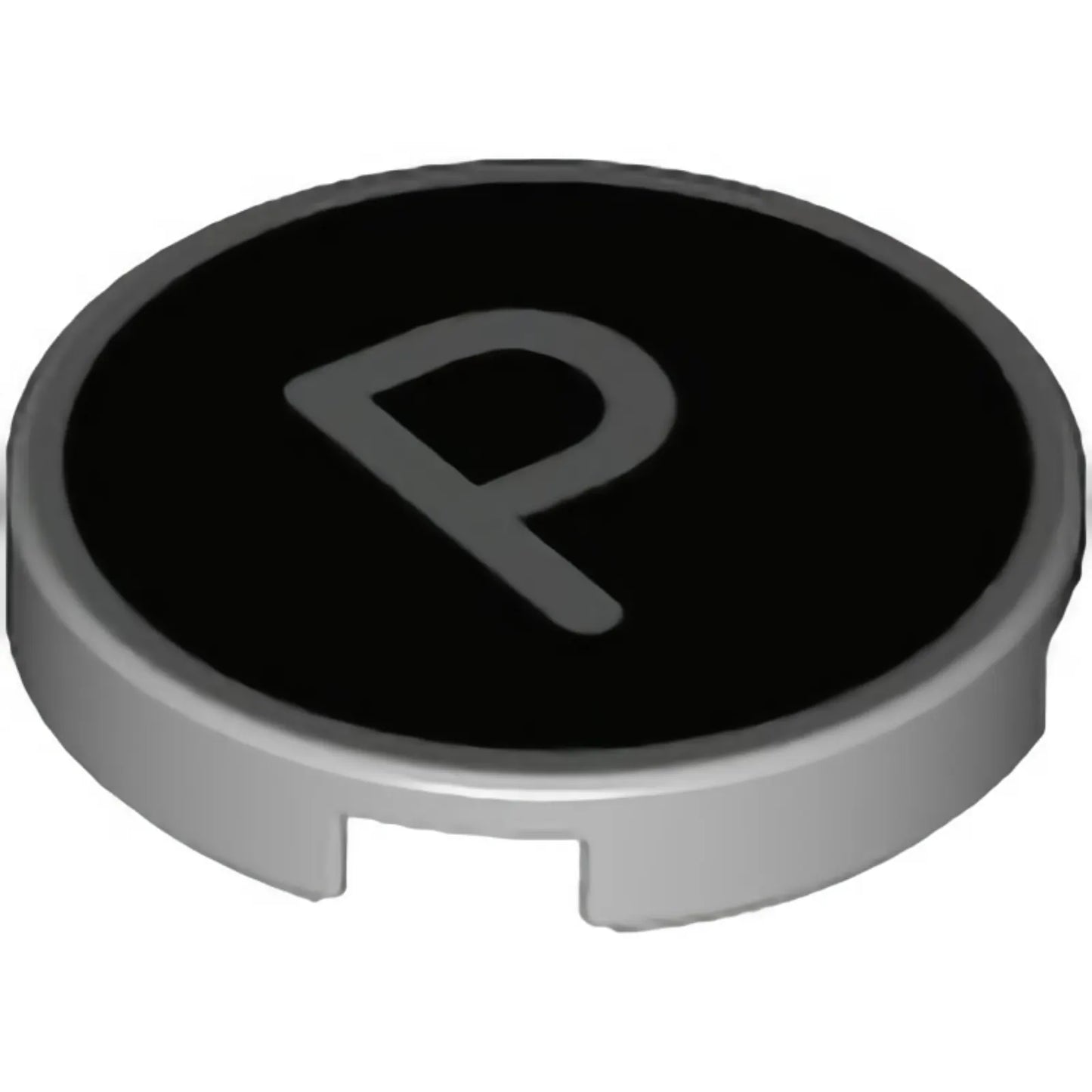 Part 14769pb437 - Tile, Round 2 x 2 with Bottom Stud Holder with Silver Capital Letter P on Black Background Pattern