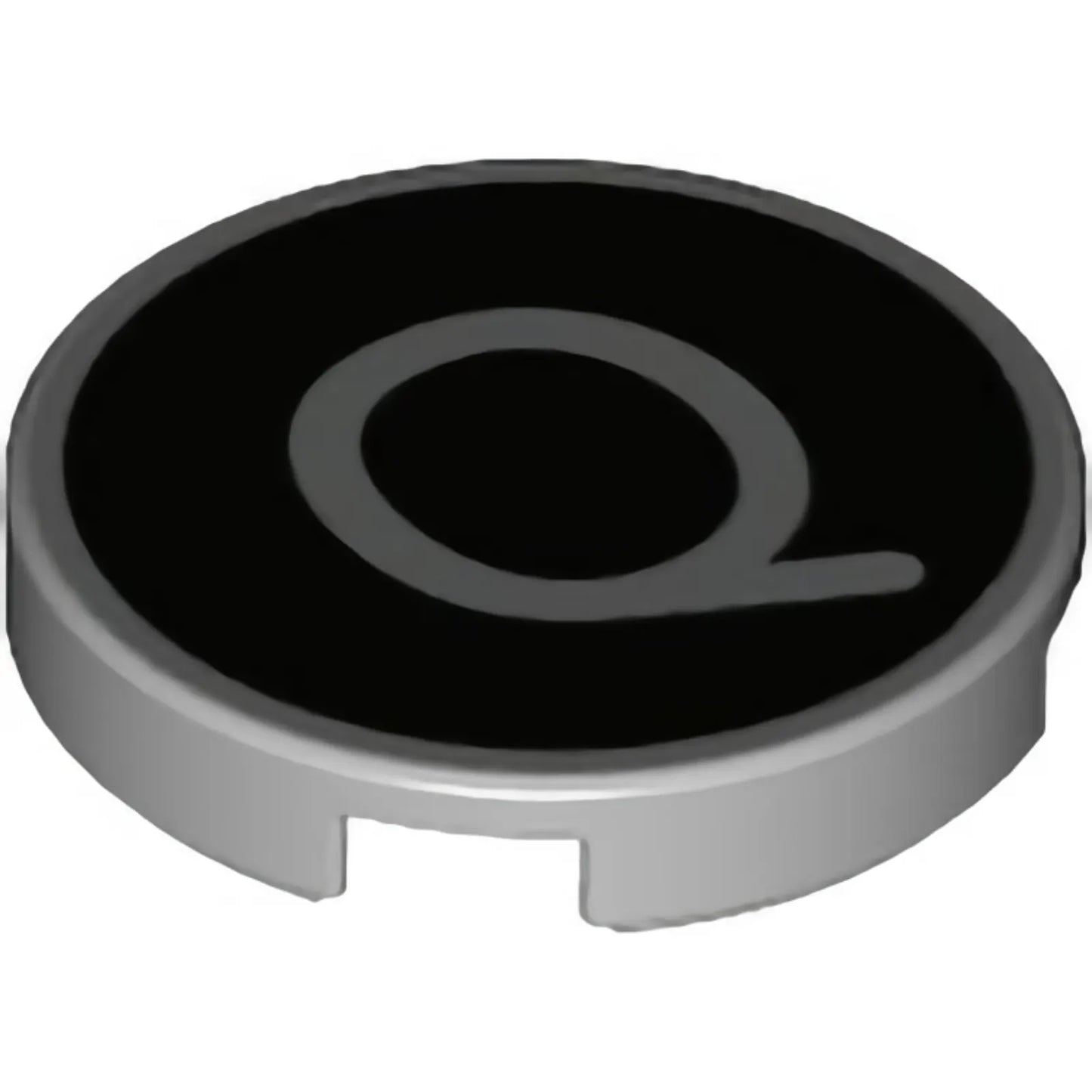 Part 14769pb438 - Tile, Round 2 x 2 with Bottom Stud Holder with Silver Capital Letter Q on Black Background Pattern