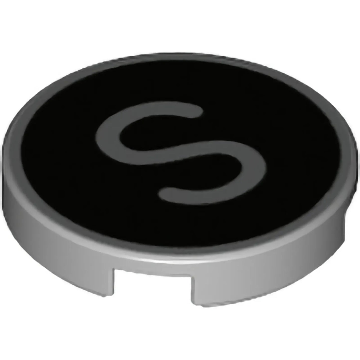 Part 14769pb440 - Tile, Round 2 x 2 with Bottom Stud Holder with Silver Capital Letter S on Black Background Pattern
