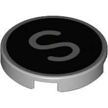 Part 14769pb440 - Tile, Round 2 x 2 with Bottom Stud Holder with Silver Capital Letter S on Black Background Pattern