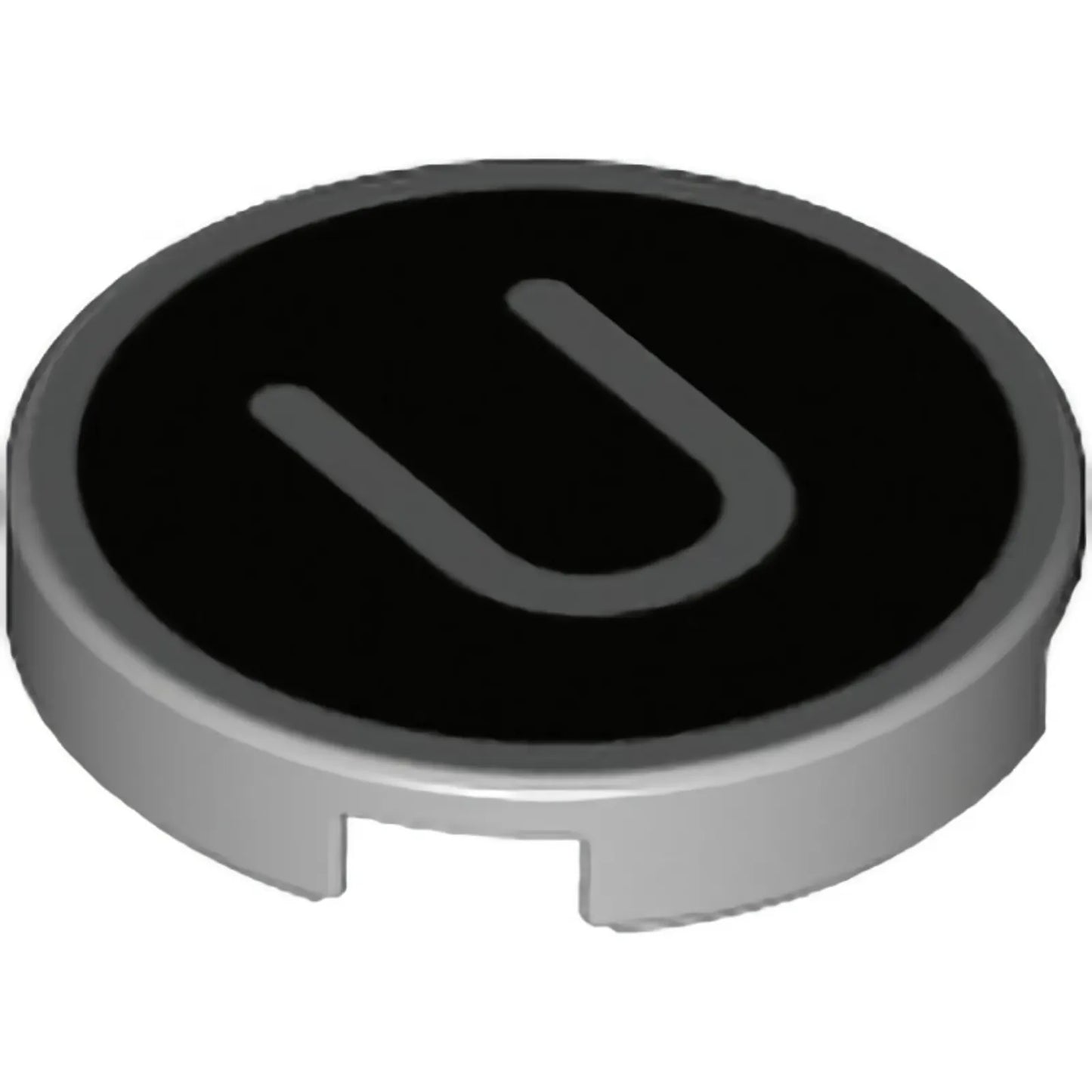 Part 14769pb442 - Tile, Round 2 x 2 with Bottom Stud Holder with Silver Capital Letter U on Black Background Pattern