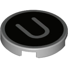 Part 14769pb442 - Tile, Round 2 x 2 with Bottom Stud Holder with Silver Capital Letter U on Black Background Pattern