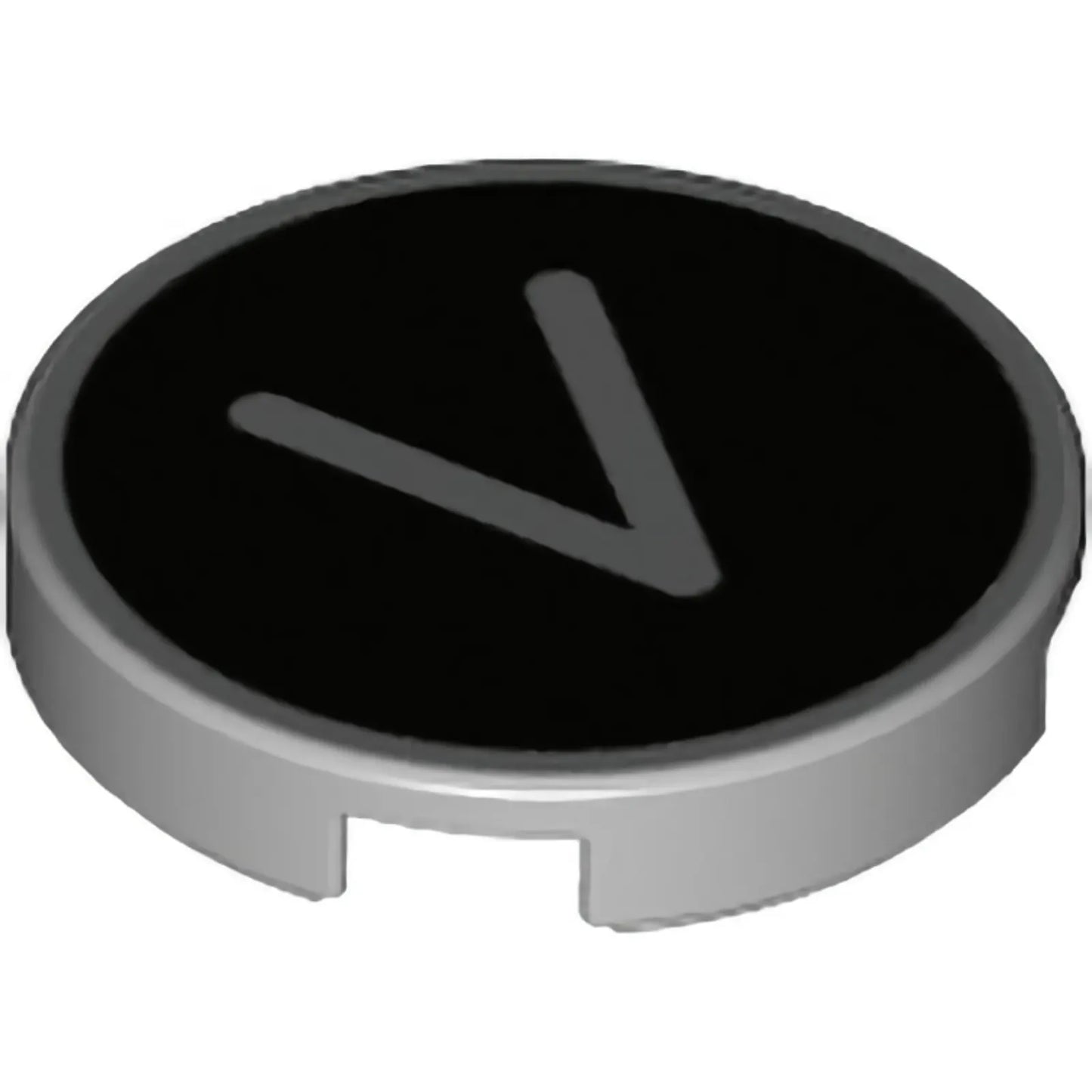 Part 14769pb443 - Tile, Round 2 x 2 with Bottom Stud Holder with Silver Capital Letter V on Black Background Pattern