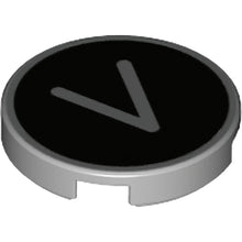 Part 14769pb443 - Tile, Round 2 x 2 with Bottom Stud Holder with Silver Capital Letter V on Black Background Pattern