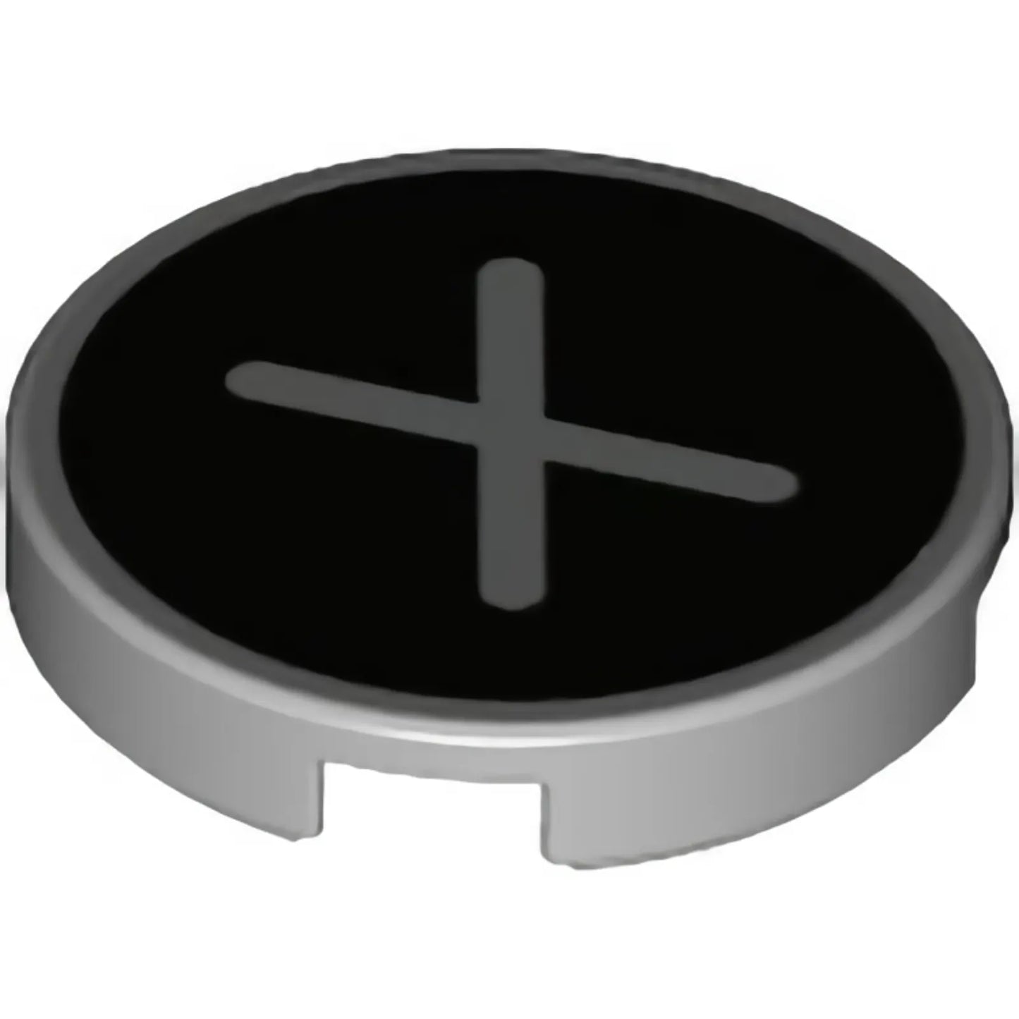 Part 14769pb445 - Tile, Round 2 x 2 with Bottom Stud Holder with Silver Capital Letter X on Black Background Pattern