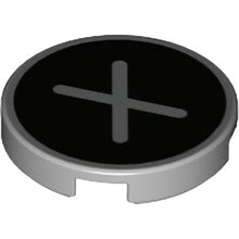 Part 14769pb445 - Tile, Round 2 x 2 with Bottom Stud Holder with Silver Capital Letter X on Black Background Pattern
