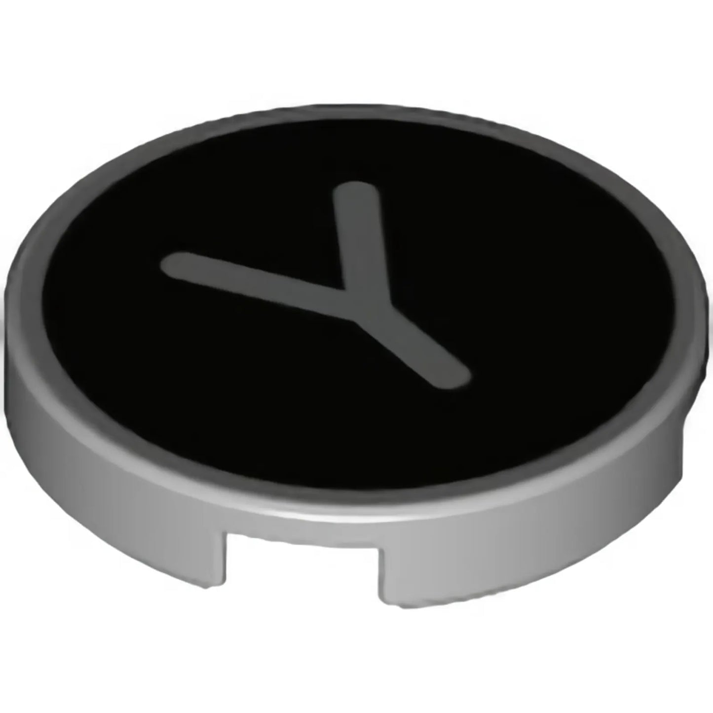 Part 14769pb446 - Tile, Round 2 x 2 with Bottom Stud Holder with Silver Capital Letter Y on Black Background Pattern