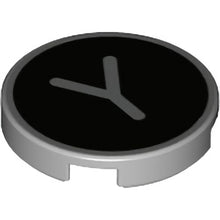 Part 14769pb446 - Tile, Round 2 x 2 with Bottom Stud Holder with Silver Capital Letter Y on Black Background Pattern
