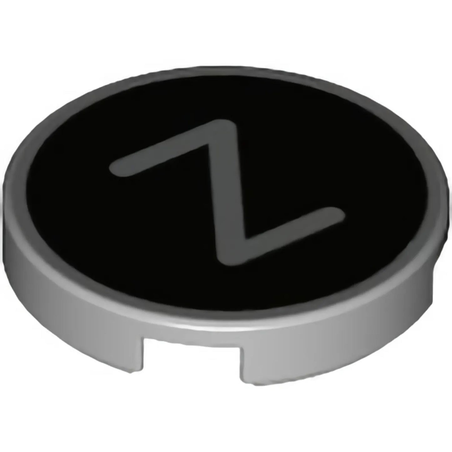 Part 14769pb447 - Tile, Round 2 x 2 with Bottom Stud Holder with Silver Capital Letter Z on Black Background Pattern