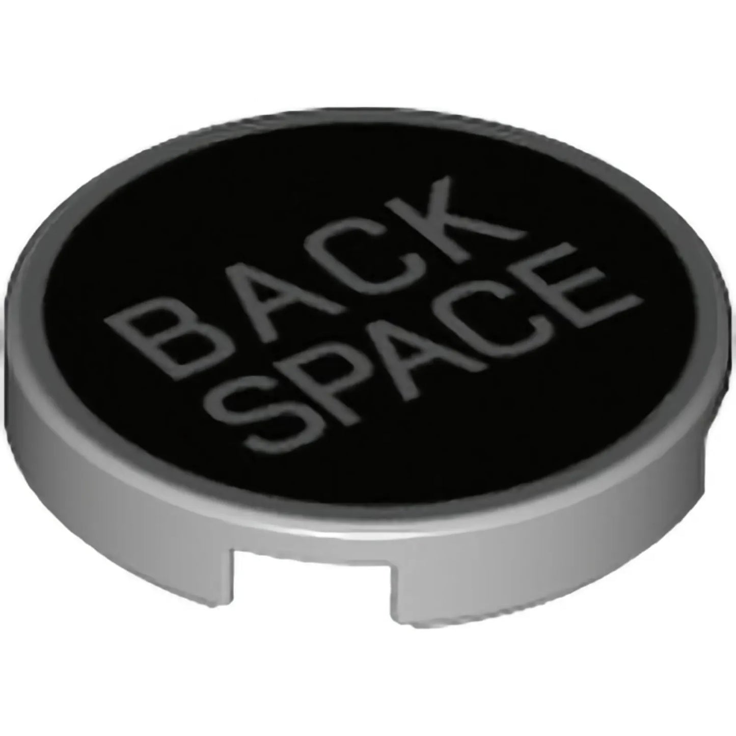 Part 14769pb450 - Tile, Round 2 x 2 with Bottom Stud Holder with Metallic Silver 'BACK SPACE' Pattern
