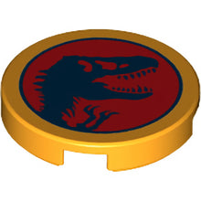 Part 14769pb463 - Tile, Round 2 x 2 with Bottom Stud Holder with Jurassic World Logo, Dark Blue Dinosaur Skull Silhouette on Red Background Pattern