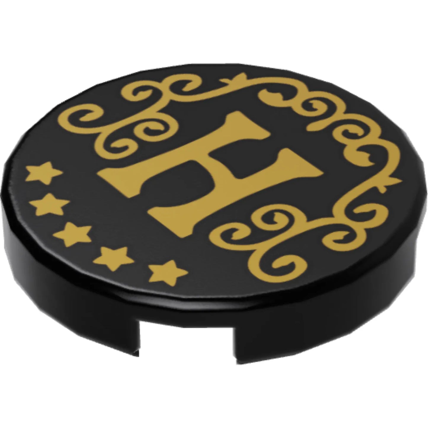 Part 14769pb497 - Tile, Round 2 x 2 with Bottom Stud Holder with Gold Capital Letter H, Filigree, and Stars Pattern