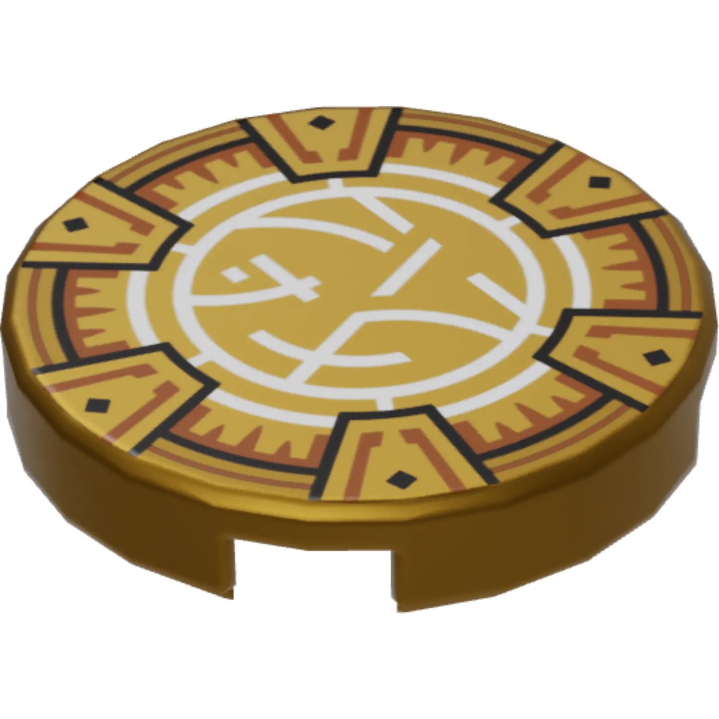 Part 14769pb501 - Tile, Round 2 x 2 with Bottom Stud Holder with Gold Frame with 6 Chevrons, Dark Orange and White Core Logo Pattern