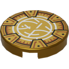 Part 14769pb501 - Tile, Round 2 x 2 with Bottom Stud Holder with Gold Frame with 6 Chevrons, Dark Orange and White Core Logo Pattern
