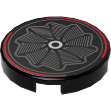 Part 14769pb517 - Tile, Round 2 x 2 with Bottom Stud Holder with Silver Pinwheel Wheel Rim and Red Curved Lines Pattern