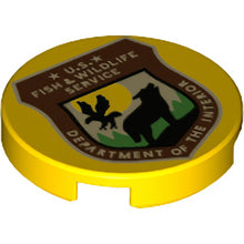 Part 14769pb535 - Tile, Round 2 x 2 with Bottom Stud Holder with Reddish Brown Shield, Black Wolf, Bird, 'U.S. FISH & WILDLIFE SERVICE DEPARTMENT OF THE INTERIOR' Pattern