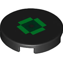 Part 14769pb549 - Tile, Round 2 x 2 with Bottom Stud Holder with Pixelated Bright Green Rectangles and Dark Green Square Pattern (Minecraft Music Disc / Record)