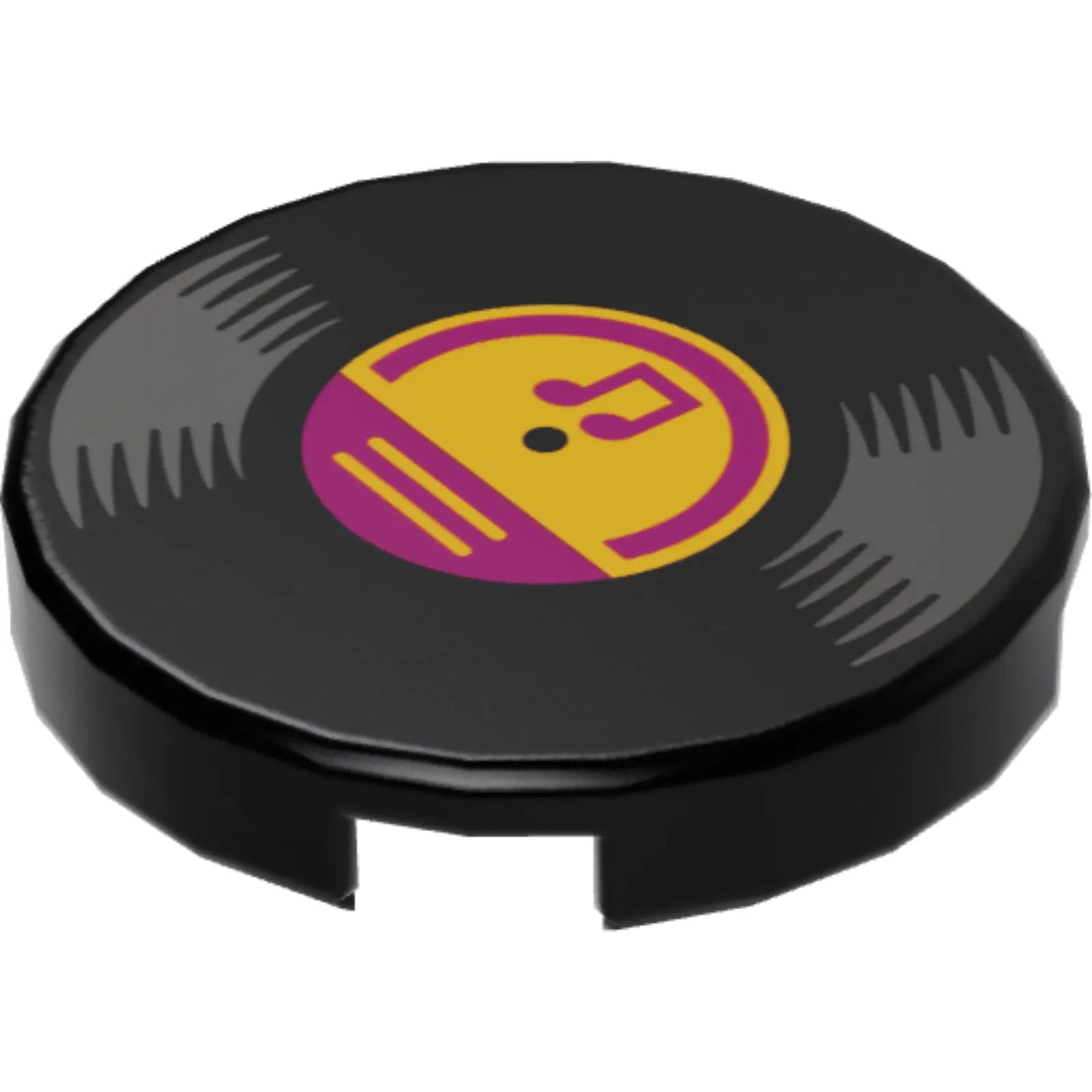 Part 14769pb571 - Tile, Round 2 x 2 with Bottom Stud Holder with Vinyl Record with Bright Light Orange and Magenta Center and Musical Notes Pattern