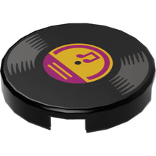Part 14769pb571 - Tile, Round 2 x 2 with Bottom Stud Holder with Vinyl Record with Bright Light Orange and Magenta Center and Musical Notes Pattern