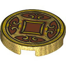 Part 14769pb572 - Tile, Round 2 x 2 with Bottom Stud Holder with Dark Orange Shapes (Coin) Pattern