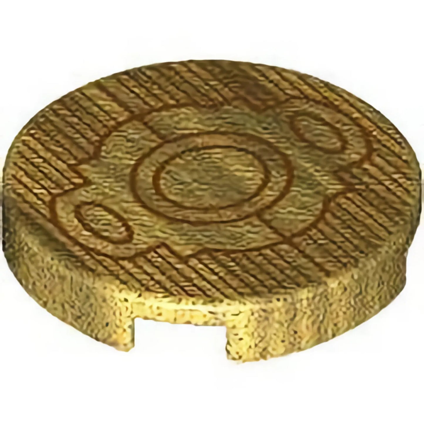 Part 14769pb612 - Tile, Round 2 x 2 with Bottom Stud Holder with Reddish Brown Lines, Circles, and Ovals Pattern (Batman Belt Buckle)