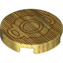 Part 14769pb612 - Tile, Round 2 x 2 with Bottom Stud Holder with Reddish Brown Lines, Circles, and Ovals Pattern (Batman Belt Buckle)