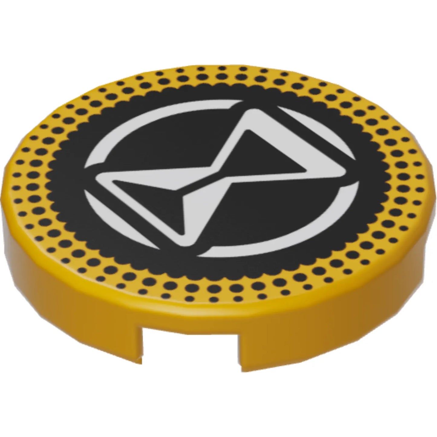 Part 14769pb619 - Tile, Round 2 x 2 with Bottom Stud Holder with White Hourglass and Circle on Black Background with Dotted Border Pattern