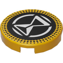 Part 14769pb619 - Tile, Round 2 x 2 with Bottom Stud Holder with White Hourglass and Circle on Black Background with Dotted Border Pattern