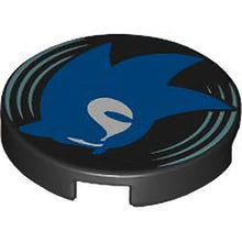 Part 14769pb625 - Tile, Round 2 x 2 with Bottom Stud Holder with Vinyl Record with Blue Sonic Head with White Eyes and Metallic Light Blue Lines Pattern