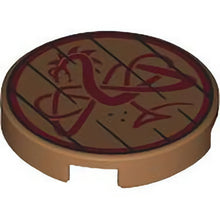 Part 14769pb640 - Tile, Round 2 x 2 with Bottom Stud Holder with Dark Brown Border and Bars and Dark Red Dragon Pattern