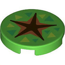 Part 14769pb666 - Tile, Round 2 x 2 with Bottom Stud Holder with Dark Brown and Reddish Brown Star Shaped Crevice, Green and Lime Triangles Pattern (Animal Crossing Fossil Dig Spot)