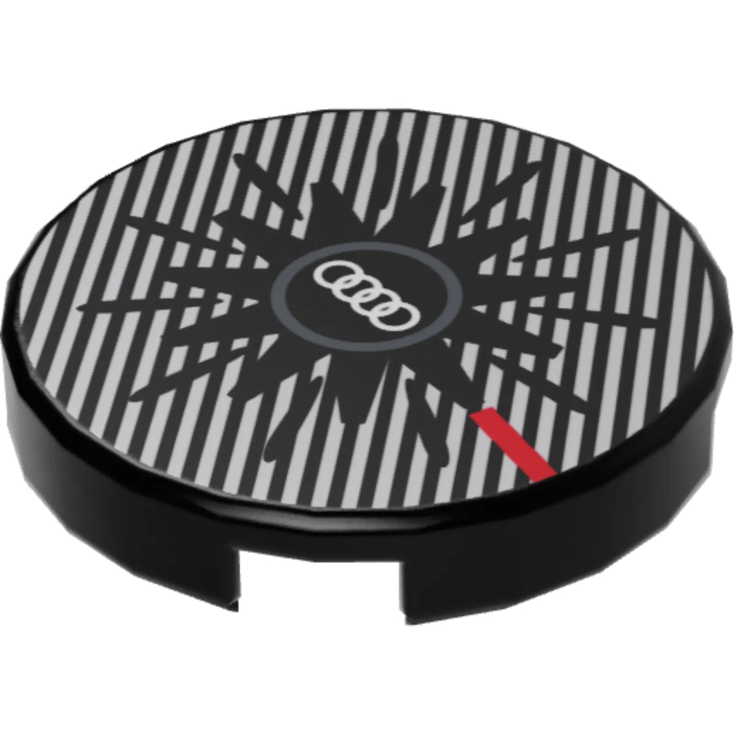 Part 14769pb674 - Tile, Round 2 x 2 with Bottom Stud Holder with White Audi Logo, Silver Stripes, and Red Stripe Pattern