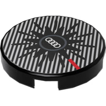 Part 14769pb674 - Tile, Round 2 x 2 with Bottom Stud Holder with White Audi Logo, Silver Stripes, and Red Stripe Pattern