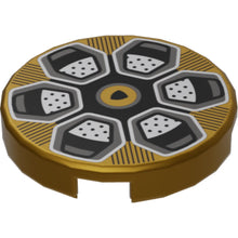 Part 14769pb694 - Tile, Round 2 x 2 with Bottom Stud Holder with Wheel Rim with Silver Hexagonal Spokes, Black Lines and Lamborghini Logo Pattern
