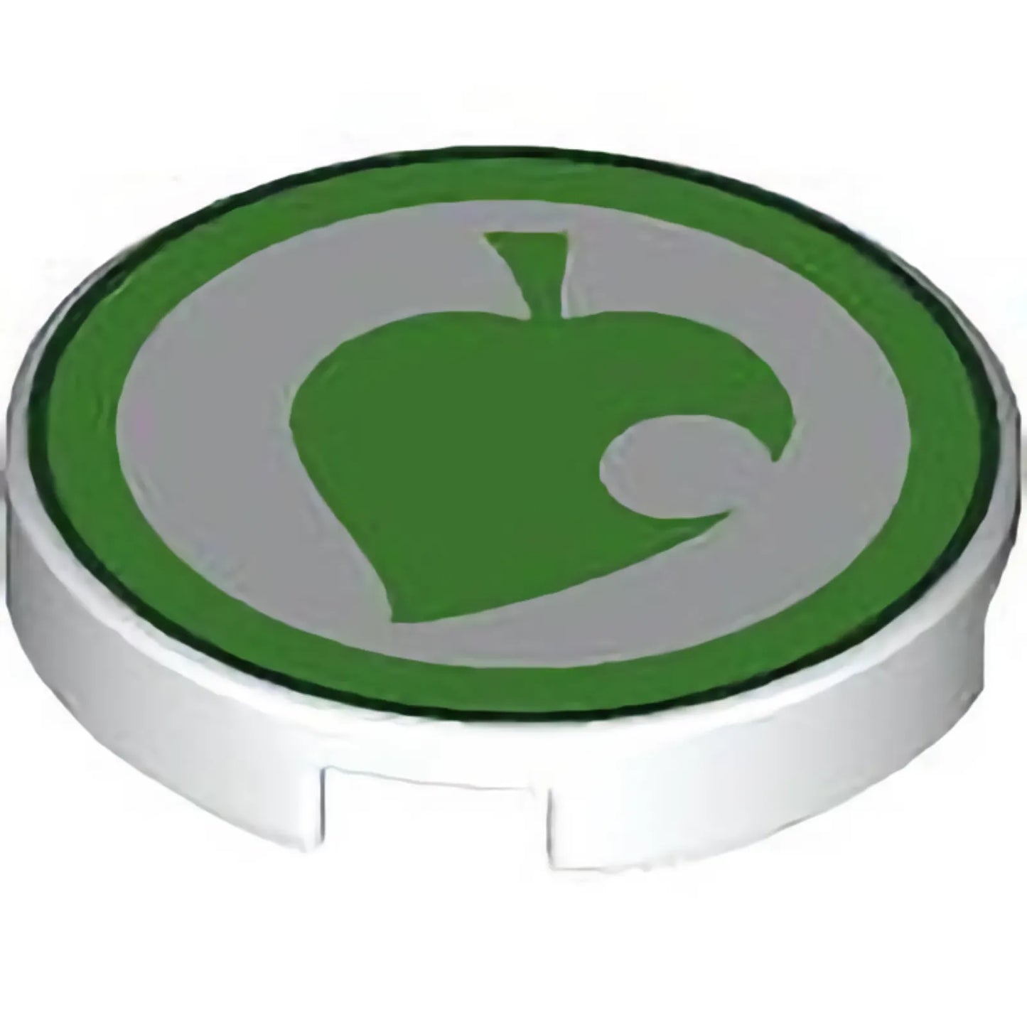 Part 14769pb703 - Tile, Round 2 x 2 with Bottom Stud Holder with Bright Green Leaf with Circle Cutout and Dark Green Border Pattern (Animal Crossing New Leaf Logo)