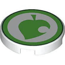 Part 14769pb703 - Tile, Round 2 x 2 with Bottom Stud Holder with Bright Green Leaf with Circle Cutout and Dark Green Border Pattern (Animal Crossing New Leaf Logo)